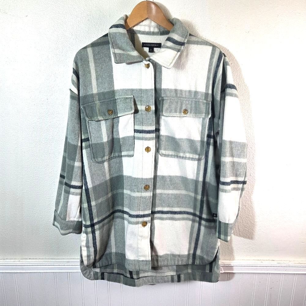 Banana Republic Green Plaid Fleece Shacket Button Up Mens Medium